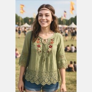 Green Floral Embroidered Bohemian Hippie Retro Boho Lace Trim Blouse Size XL